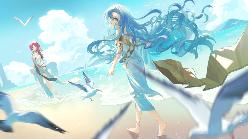 2girls 37_(reverse:1999) :o akuma_(ogino-m) ancient_greek_clothes anklet armlet bare_shoulders barefoot beach bird blue_eyes blue_hair blue_sky blurry blurry_foreground brown_gloves clouds day drill_hair drill_sidelocks dutch_angle fingerless_gloves floating_hair from_behind full_body gloves gold_choker greco-roman_clothes green_eyes hair_bun hairband highres jewelry long_hair looking_at_viewer looking_back midriff mountainous_horizon multiple_girls ocean outdoors redhead reverse:1999 sand seagull sidelocks single_glove single_side_bun single_sleeve sky smile sophia_(reverse:1999) standing toga turning_head wading walking white_hairband wide_sleeves