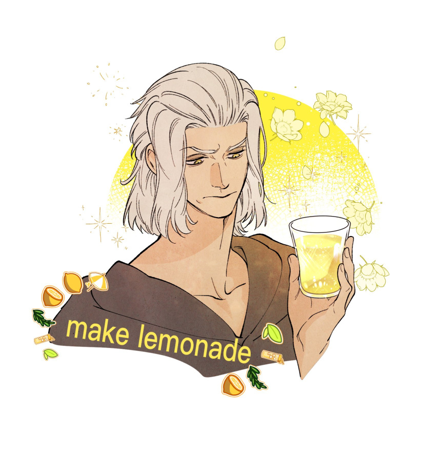 1boy 5altybitter5 closed_mouth cup emet-selch english_text final_fantasy final_fantasy_xiv food fruit glass highres holding holding_cup lemon lemonade looking_down male_focus portrait solo sophist's_robe_(ff14)