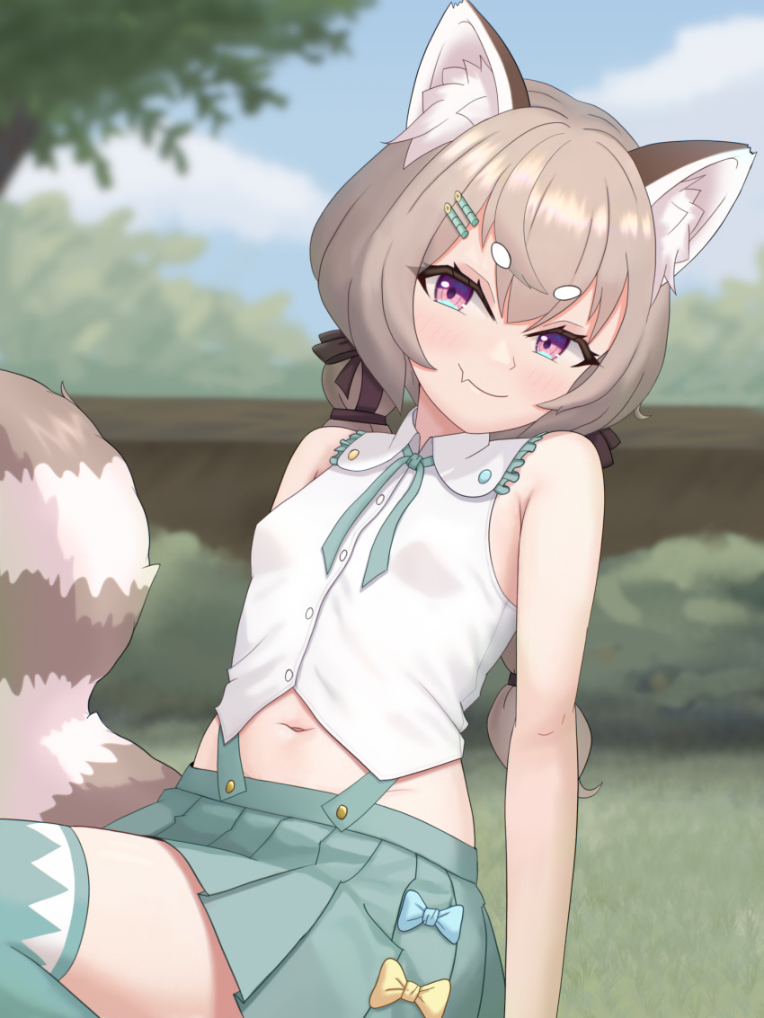 1girl animal_ear_fluff animal_ears arm_support blue_sky blush bow braid breasts brown_hair clouds collared_shirt day fang grass green_skirt hair_ornament hairclip highres kaemble komachi_panko long_hair looking_at_viewer navel neck_ribbon outdoors phase_connect pleated_skirt reclining red_panda_ears red_panda_girl red_panda_tail ribbon shirt short_eyebrows skin_fang skirt sky small_breasts smile solo thick_eyebrows thigh-highs tree twin_braids violet_eyes virtual_youtuber white_shirt zettai_ryouiki