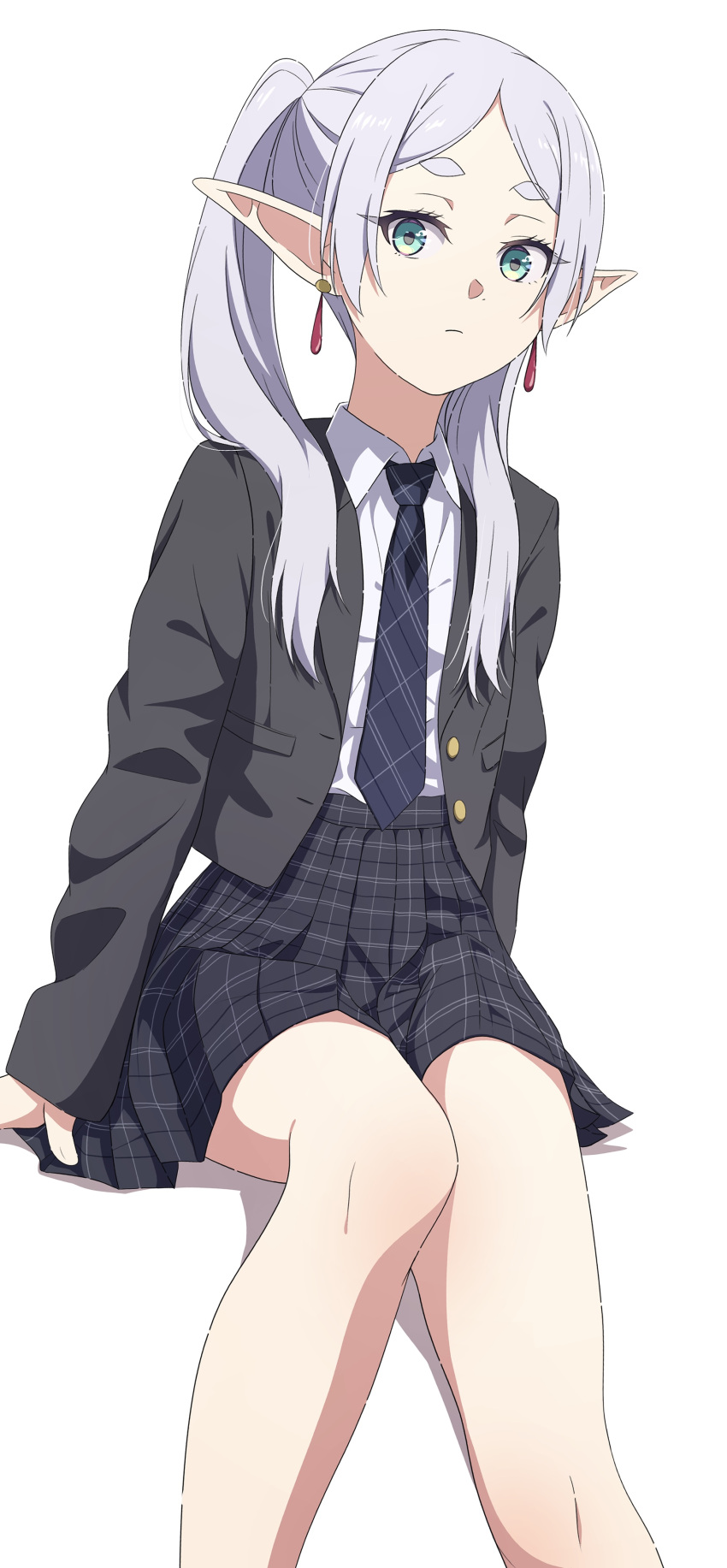 1girl absurdres bare_legs camui1104 collared_shirt earrings elf expressionless frieren green_eyes grey_hair highres jacket jewelry long_hair looking_at_viewer necktie open_clothes open_jacket plaid plaid_skirt pointy_ears shirt simple_background sitting skirt solo sousou_no_frieren twintails uniform white_background