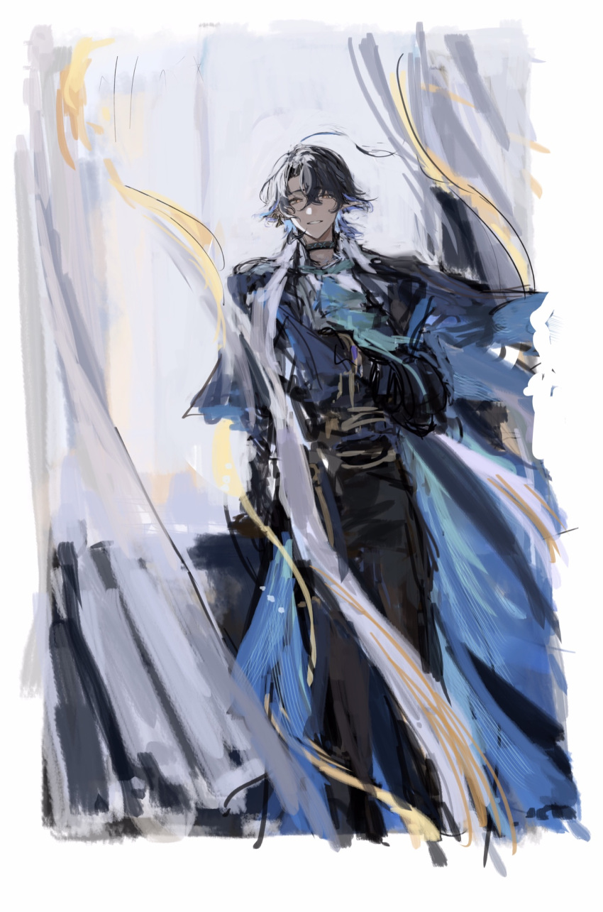 1boy ahoge arknights ascot black_capelet black_choker black_gloves black_hair black_pants blue_ascot blue_capelet blue_jacket border capelet choker collared_capelet cropped_legs curtains day gloves high-waist_pants highres indoors jacket koba_(jdhikdjdkfiwufh) looking_at_viewer lumen_(arknights) male_focus open_mouth pants parted_bangs ribbon shirt short_hair smile solo teeth two-sided_capelet white_border white_shirt window yellow_eyes yellow_ribbon