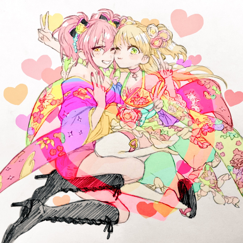 2girls bare_shoulders blonde_hair blush boots double_v flower gacho_p hair_flower hair_ornament heart high_heel_boots high_heels highres idolmaster idolmaster_cinderella_girls japanese_clothes jougasaki_mika jougasaki_rika kimono knee_boots long_hair looking_at_viewer multiple_girls one_eye_closed pink_hair sandals siblings sisters smile thigh-highs twintails two_side_up v white_thighhighs yukata