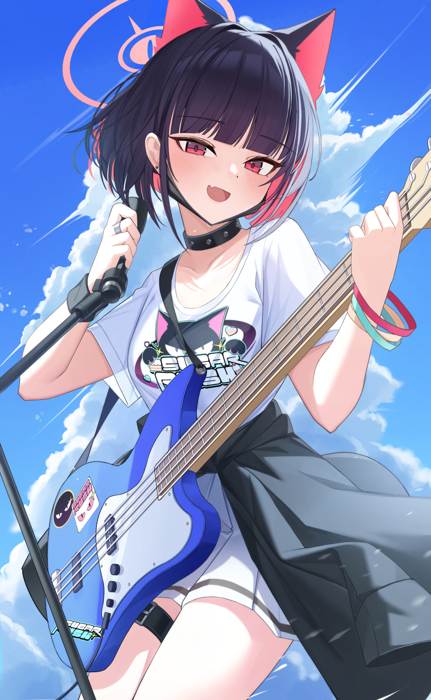 1girl absurdres animal_ears black_choker black_hair black_jacket blue_archive blue_sky cat_ears choker clothes_around_waist clouds colored_inner_hair fang guitar halo highres holding holding_guitar holding_instrument holding_microphone instrument jacket jacket_around_waist jewelry kazusa_(band)_(blue_archive) kazusa_(blue_archive) looking_at_viewer microphone multicolored_hair official_alternate_costume open_mouth pang-yo pink_hair pink_halo red_eyes ring shirt short_hair skin_fang skirt sky smile solo spiked_choker spikes thigh_strap white_shirt white_skirt
