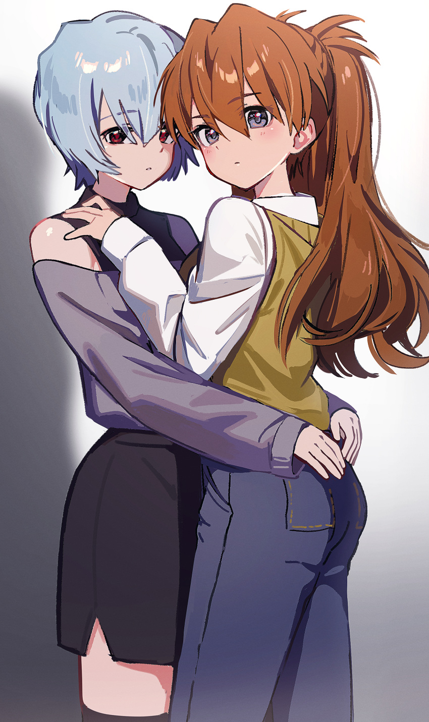 2girls absurdres ayanami_rei black_shirt black_skirt blue_hair blue_pants brown_hair brown_sweater_vest commentary cowboy_shot denim grey_eyes grey_shirt hajikkoneko hand_on_another's_shoulder hands_on_another's_waist highres hug jeans long_hair looking_at_viewer multiple_girls neon_genesis_evangelion off_shoulder pants parted_lips pencil_skirt red_eyes shirt short_hair skirt souryuu_asuka_langley sweater_vest symbol-only_commentary white_shirt yuri