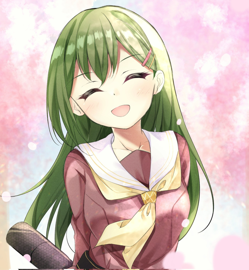 1girl ^_^ arms_behind_back blurry blurry_background breasts brown_dress cherry_blossoms closed_eyes collarbone commentary_request corrupted_twitter_file double-parted_bangs dress facing_viewer graduation green_hair hair_ornament hairclip hasu_no_sora_school_uniform highres holding leaning_forward link!_like!_love_live! long_hair long_sleeves love_live! medium_breasts neckerchief oogami_sachi open_mouth pleated_dress sailor_collar sailor_dress school_uniform single_sidelock smile solo straight_hair tube white_sailor_collar winter_uniform yangus_(2143077) yellow_neckerchief