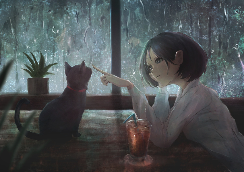 1girl animal black_cat black_eyes black_hair cat commentary_request condensation cup drink drinking_glass drinking_straw glass head_rest highres indoors long_sleeves original parted_lips plant pointing potted_plant rain shirt short_hair sitting solo table tsukushi_miwo upper_body water_drop white_shirt window