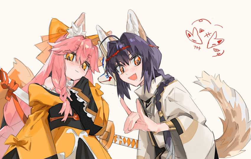 1girl 1other :d ahoge androgynous animal_ear_fluff animal_ears black_hair blush bow braid braided_ponytail braided_sidelock coral12131 fate/samurai_remnant fate_(series) fox_ears fox_girl fox_mask fox_shadow_puppet fox_tail hair_bow hair_intakes highres japanese_clothes jewelry kimono long_hair looking_at_viewer mask necklace orange_eyes pink_hair short_eyebrows sidelocks simple_background single_braid sleeves_past_fingers sleeves_past_wrists smile sword sword_on_back tail tamamo_(fate) tamamo_aria_(fate) weapon weapon_on_back white_background yamato_takeru_(fate) yellow_bow yellow_eyes yellow_kimono