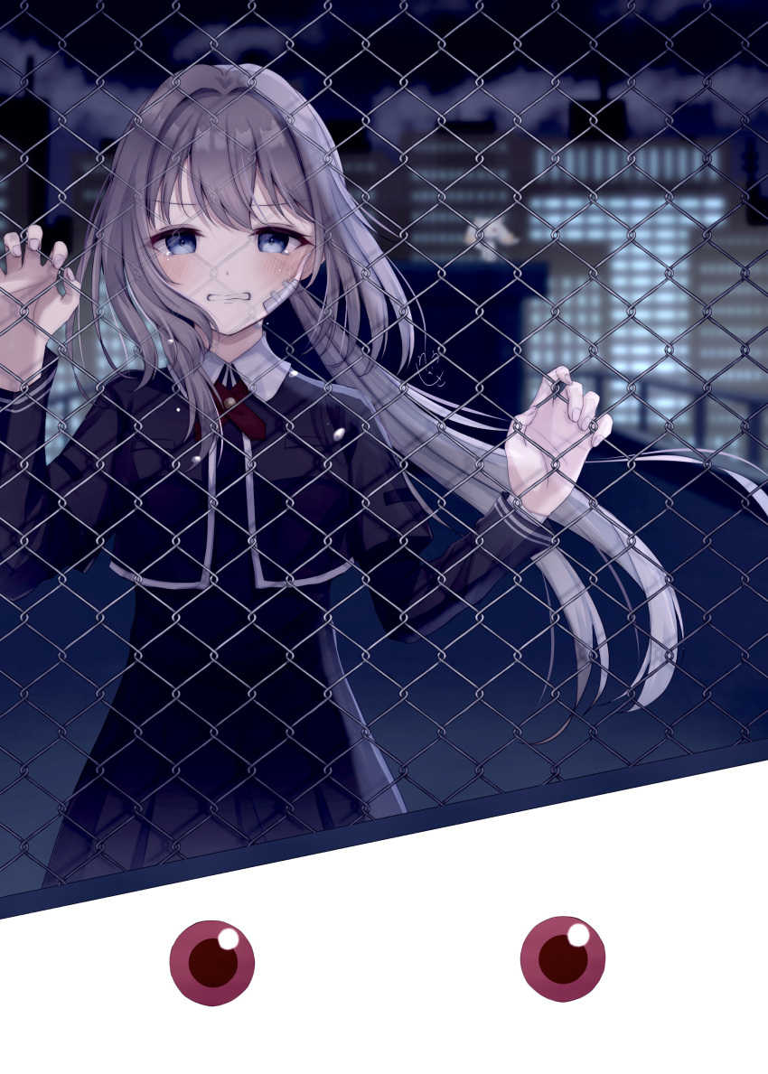 1girl 1other absurdres against_fence bandage_on_face bandages black_dress black_jacket blue_eyes blush building chain-link_fence city clenched_teeth collared_dress commentary_request cropped_jacket cross_tie daito_academy_school_uniform dress fence grey_hair highres jacket kyubey layered_sleeves long_hair long_sleeves magia_record:_mahou_shoujo_madoka_magica_gaiden mahou_shoujo_madoka_magica necktie night ponytail red_eyes red_necktie school_uniform shirousa_(blanche_lapine3) short_dress short_over_long_sleeves short_sleeves signature skyscraper swept_bangs tearing_up tears teeth wavy_mouth yakumo_mitama