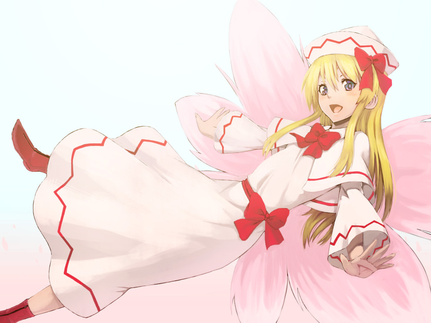 1girl blonde_hair bow bowtie capelet commentary dress full_body hat highres kakone lily_white long_hair long_sleeves looking_at_viewer open_mouth pink_wings red_bow red_bowtie red_footwear solo touhou white_background white_capelet white_dress wings