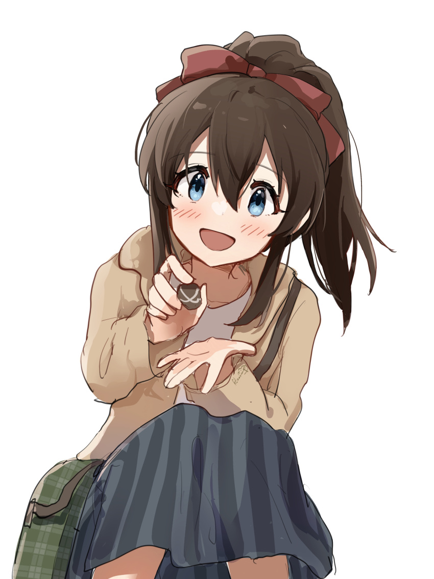1girl absurdres bag blue_eyes blue_skirt blush bow breasts brown_hair brown_jacket chopsticks collarbone dot_nose feeding hair_bow hair_ribbon hands_up highres holding holding_chopsticks idolmaster idolmaster_million_live! idolmaster_million_live!_theater_days jacket large_breasts long_hair long_sleeves looking_at_viewer nnnn open_mouth ponytail red_ribbon ribbon satake_minako shirt shoulder_bag sidelocks simple_background skirt smile solo squatting striped_clothes striped_skirt vertical-striped_clothes vertical-striped_skirt white_background white_shirt