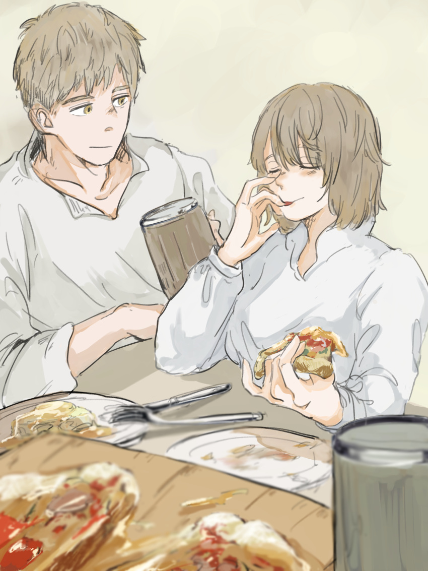 absurdres brown_hair closed_eyes collared_shirt cup dungeon_meshi eating falin_touden food highres holding holding_cup holding_food holding_pizza laios_touden licking_own_finger long_sleeves looking_at_another medium_hair pizza pizza_slice shirt short_hair tori_(taneco37) white_shirt