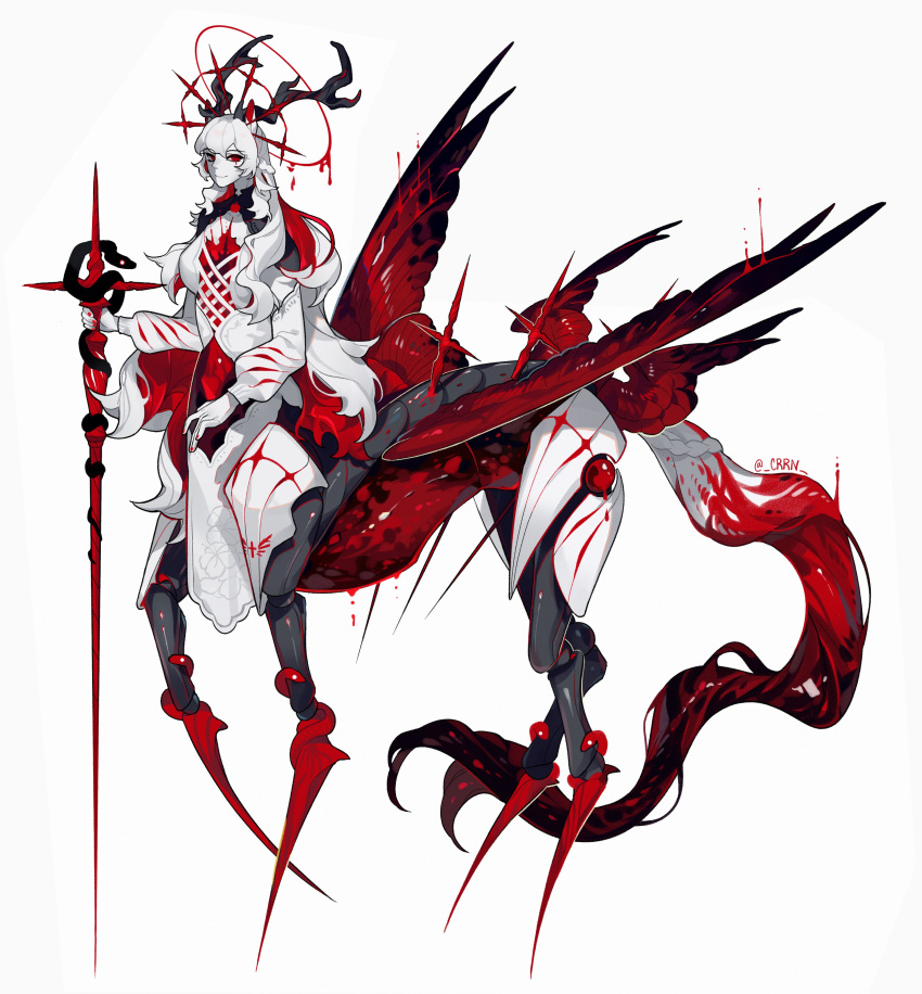 1girl absurdres animal_ears antlers black_horns colored_skin crrn feathered_wings from_side full_body half_updo halo highres holding holding_staff horns jacket long_hair looking_at_viewer monster_girl multicolored_hair multiple_halos multiple_wings original pelvic_curtain red_eyes red_nails red_wings redhead simple_background smile solo spikes staff tail taur twitter_username two-tone_hair white_background white_hair white_jacket white_skin wings