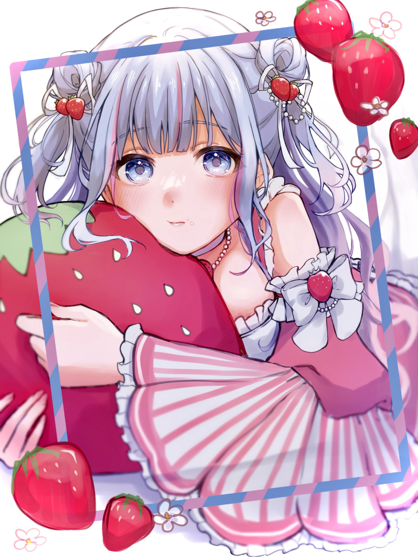 1girl absurdres alternate_costume aoi_sakura_3_(vtuber) blue_eyes blue_hair blush bow closed_mouth detached_sleeves dot_nose double_bun food food-themed_hair_ornament food-themed_ornament food-themed_pillow food_on_face frills fruit hair_bow hair_bun hair_ornament haruno_fuyuki highres indie_virtual_youtuber jewelry light_blue_hair long_hair looking_at_viewer lying necklace on_stomach pearl_necklace pink_sleeves simple_background solo strawberry strawberry_hair_ornament striped_border striped_sleeves two_side_up virtual_youtuber white_background white_bow