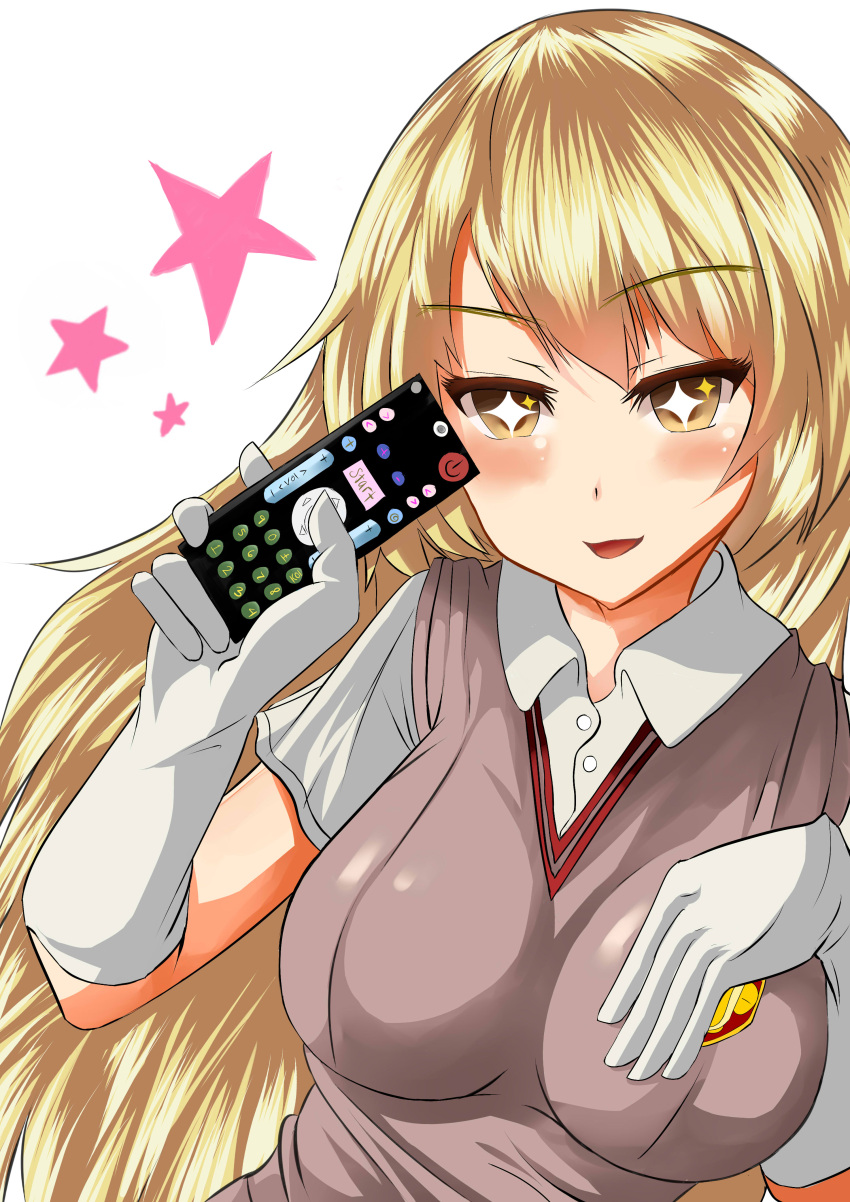 1girl :d absurdres blonde_hair blush breasts bright_pupils brown_eyes brown_sweater brown_sweater_vest brown_vest collared_shirt commentary controller elbow_gloves emblem gloves hair_between_eyes hand_on_own_chest hand_up highres holding holding_remote_control large_breasts long_hair looking_at_viewer medium_bangs open_mouth power_symbol remote_control ringsel school_emblem school_uniform shirt shokuhou_misaki short_sleeves simple_background sleeveless sleeveless_sweater smile solo sparkle star-shaped_pupils star_(symbol) summer_uniform sweater sweater_vest symbol-shaped_pupils toaru_kagaku_no_railgun toaru_majutsu_no_index tokiwadai_school_uniform upper_body vest white_background white_gloves white_pupils white_shirt
