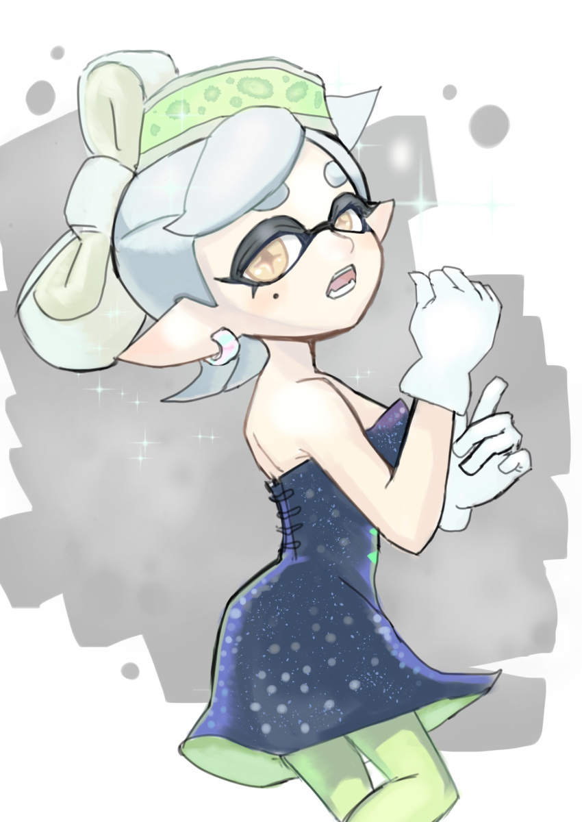 1girl bare_arms bare_shoulders black_dress bow-shaped_hair breasts dress earrings food food_on_head gloves green_pantyhose grey_hair half_updo highres hoop_earrings inkling jewelry marie_(splatoon) mole mole_under_eye object_on_head pantyhose pointy_ears short_dress solo splatoon_(series) strapless strapless_dress sushi swept_bangs tentacle_hair thick_eyebrows tombiham white_gloves yellow_eyes