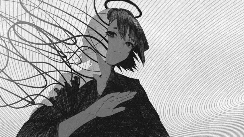 1girl closed_mouth collarbone collared_shirt crosshatching daruma_karei double_exposure from_below frown greyscale hair_between_eyes halo hand_up hatching_(texture) highres long_sleeves looking_at_viewer monochrome original shirt short_hair sidelocks solo upper_body