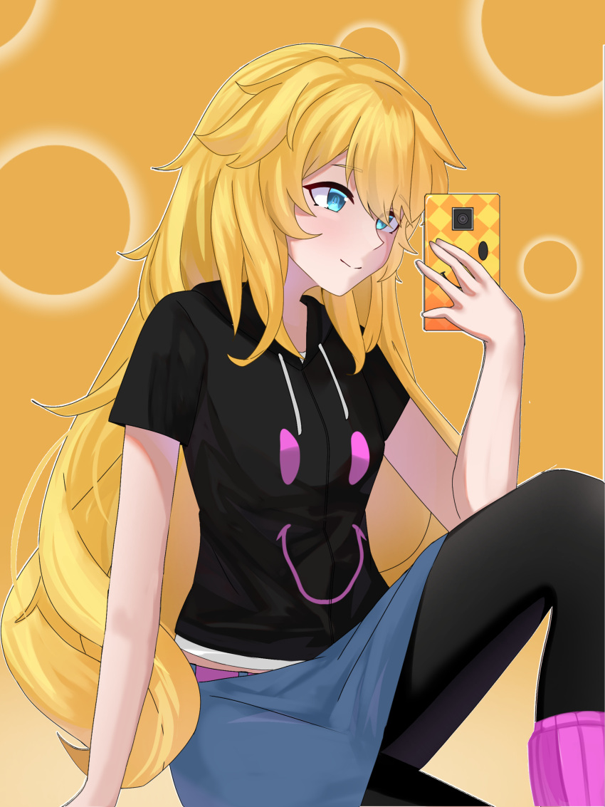 1girl abs absurdres alternate_costume belt blonde_hair blue_eyes boots breasts cellphone commission commissioner_upload eyelashes hands_on_own_hips highres holding holding_phone hood hoodie ib_(kouri) leggings light_smile long_hair looking_at_viewer mary_(ib) non-web_source pantyhose phone short_sleeves simple_background skirt small_breasts smile smug socks tokisakih undershirt