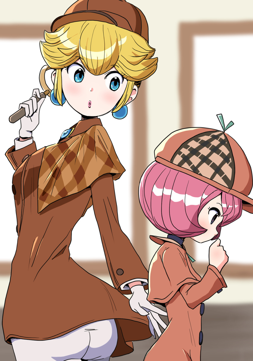 2girls absurdres blonde_hair blue_eyes blurry blurry_background brooch brown_coat cabbie_hat capelet coat deerstalker depth_of_field detective_peach detesu earrings gloves hand_on_own_chin hat highres holding holding_magnifying_glass indoors jacket jewelry looking_to_the_side looking_up magnifying_glass multiple_girls official_alternate_costume official_alternate_hairstyle pink_hair princess_peach princess_peach:_showtime! sheila_bell short_hair solo sphere_earrings super_mario_bros. surechigai_meikyuu white_gloves