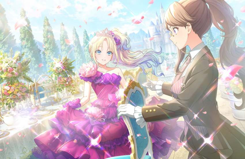 2girls black_coat black_pants black_suit blonde_hair blue_eyes blue_hair blue_sky bouquet brown_hair butler candlestand castle closed_mouth coat collarbone cup cutlery dress dress_flower dress_shirt drinking_glass earrings falling_petals female_butler formal frilled_dress frills fujishima_megumi game_cg gloves gradient_hair grin high_ponytail high_side_ponytail highres jewelry link!_like!_love_live! lone_nape_hair long_dress long_hair long_sleeves looking_at_another love_live! monocle monocle_chain multicolored_hair multiple_girls necktie official_art osawa_rurino pant_suit pants parted_bangs parted_lips petals pink_necktie pink_vest plate princess purple_dress purple_gloves shirt sidelocks single-shoulder_dress single_sidelock skirt_hold sky smile suit tailcoat teapot third-party_source two-tone_hair vest violet_eyes white_shirt wine_glass yellow-framed_eyewear