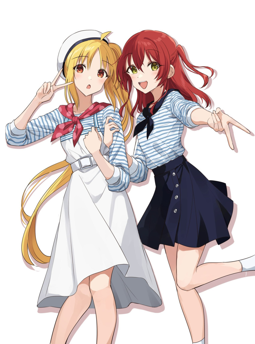 2girls :d :o ahoge belt beret black_neckerchief black_skirt blonde_hair blue_shirt blush bocchi_the_rock! breasts commentary_request dot_nose dress feet_out_of_frame foreshortening gyaru_v hand_on_another's_arm hand_on_own_chest hands_up hat highres ijichi_nijika kanaria_hisagi kita_ikuyo knees long_hair looking_at_viewer matching_outfits miniskirt multiple_girls neckerchief one_side_up open_mouth orange_eyes parted_bangs pinafore_dress polka_dot polka_dot_scarf raised_eyebrows red_scarf redhead scarf shadow shirt side_ponytail sidelocks simple_background skirt sleeveless sleeveless_dress sleeves_past_elbows small_breasts smile socks standing standing_on_one_leg striped_clothes striped_shirt teeth thick_eyelashes upper_teeth_only v very_long_hair white_background white_belt white_dress white_hat white_shirt white_socks yellow_eyes