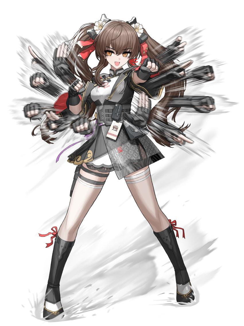 1girl absurdres black_bow black_footwear bow breasts brown_hair cheogtanbyeong chinese_clothes english_commentary flower full_body girls'_frontline_2:_exilium girls_frontline hair_bow hair_flower hair_ornament hair_ribbon highres id_card looking_at_viewer open_mouth orange_eyes pouch punching rapid_punches red_ribbon ribbon simple_background smile solo standing straight-on twintails type_97_(girls'_frontline) white_background