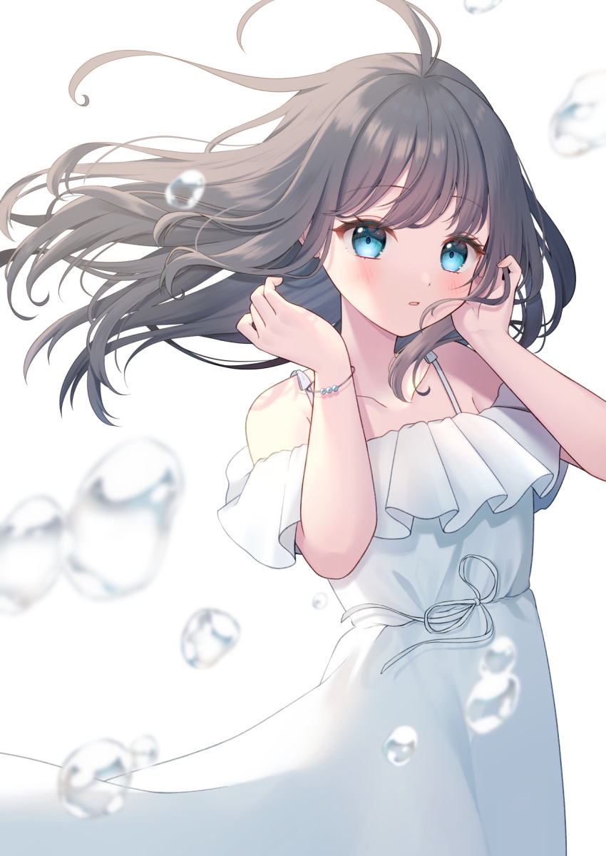 1girl backlighting blue_eyes blush bracelet brown_hair collarbone commentary_request cowboy_shot curly_hair dress flat_chest frilled_dress frills hand_in_own_hair highres jewelry long_dress long_hair looking_at_viewer off-shoulder_dress off_shoulder original parted_lips simple_background solo umannzu water_drop white_background white_dress wind