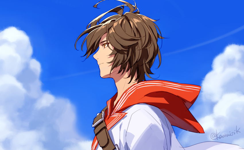 1boy ahoge alternate_costume artist_name bishounen blue_sky brown_hair clouds cloudy_sky commentary_request expressionless fanny_pack floating_clothes floating_hair from_side granblue_fantasy hair_between_eyes hood hood_down jacket light_frown looking_ahead messy_hair pota_(bluegutty) profile red_eyes sandalphon_(granblue_fantasy) sandalphon_(summer)_(granblue_fantasy) signature sky solo twitter_username upper_body white_jacket