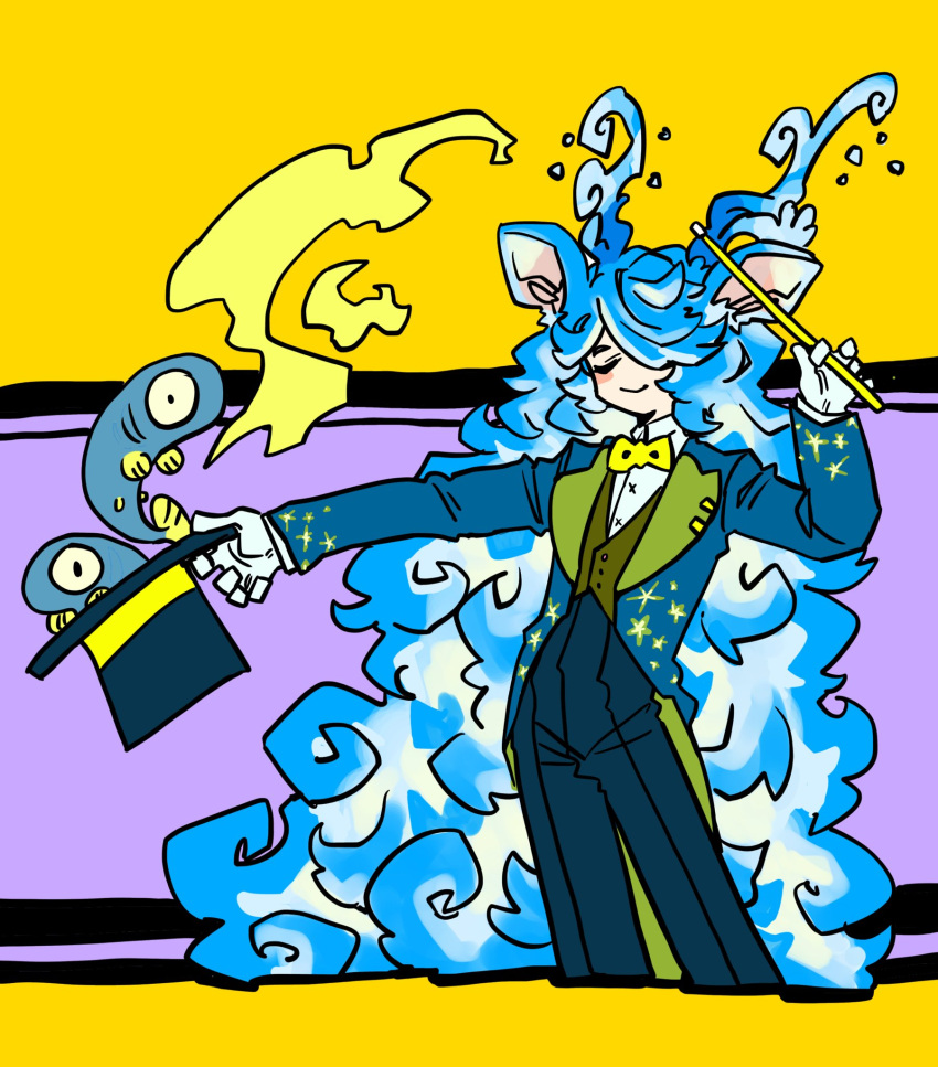 1boy animal animal_ears antlers blue_coat blue_hair blue_pants closed_eyes closed_mouth coat commentary_request cowboy_shot cropped_legs deer_antlers deer_boy deer_ears fish green_vest hair_over_one_eye hand_up hat high-waist_pants highres holding holding_clothes holding_hat holding_wand horns long_hair long_sleeves magician male_focus original pants purple_background shima_(wansyon144) smile solo top_hat very_long_hair vest wand yellow_background