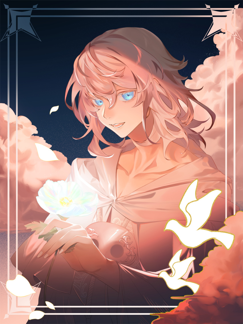 1boy androgynous bird bishounen blue_eyes blue_sky capelet clouds elpis_flower falling_petals final_fantasy final_fantasy_xiv flower from_side glowing_flower highres holding holding_flower hood hood_down hooded_capelet inset_border looking_at_viewer male_focus mask mask_around_neck medium_hair nokto open_mouth outdoors petals sky smile solo sophist's_robe_(ff14) themis_(ff14) unworn_mask upper_body white_capelet white_flower white_hair