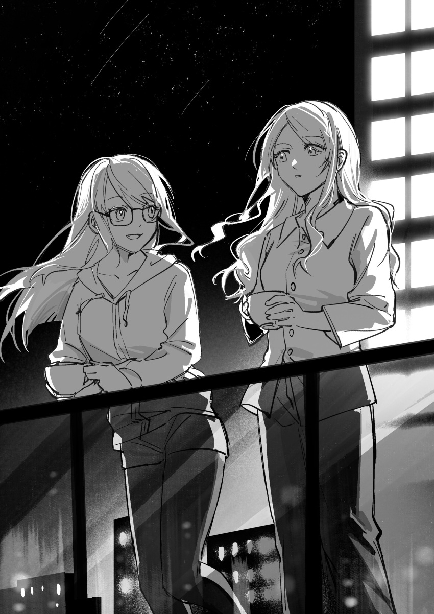 2girls absurdres against_railing artist_request bang_dream! bang_dream!_it's_mygo!!!!! building chihaya_anon collared_shirt commentary_request commission cup drawstring fang glasses greyscale highres holding holding_cup hood hoodie long_hair long_sleeves monochrome multiple_girls nagasaki_soyo night open_mouth outdoors pants pantyhose parted_lips railing second-party_source shirt shorts smile teacup