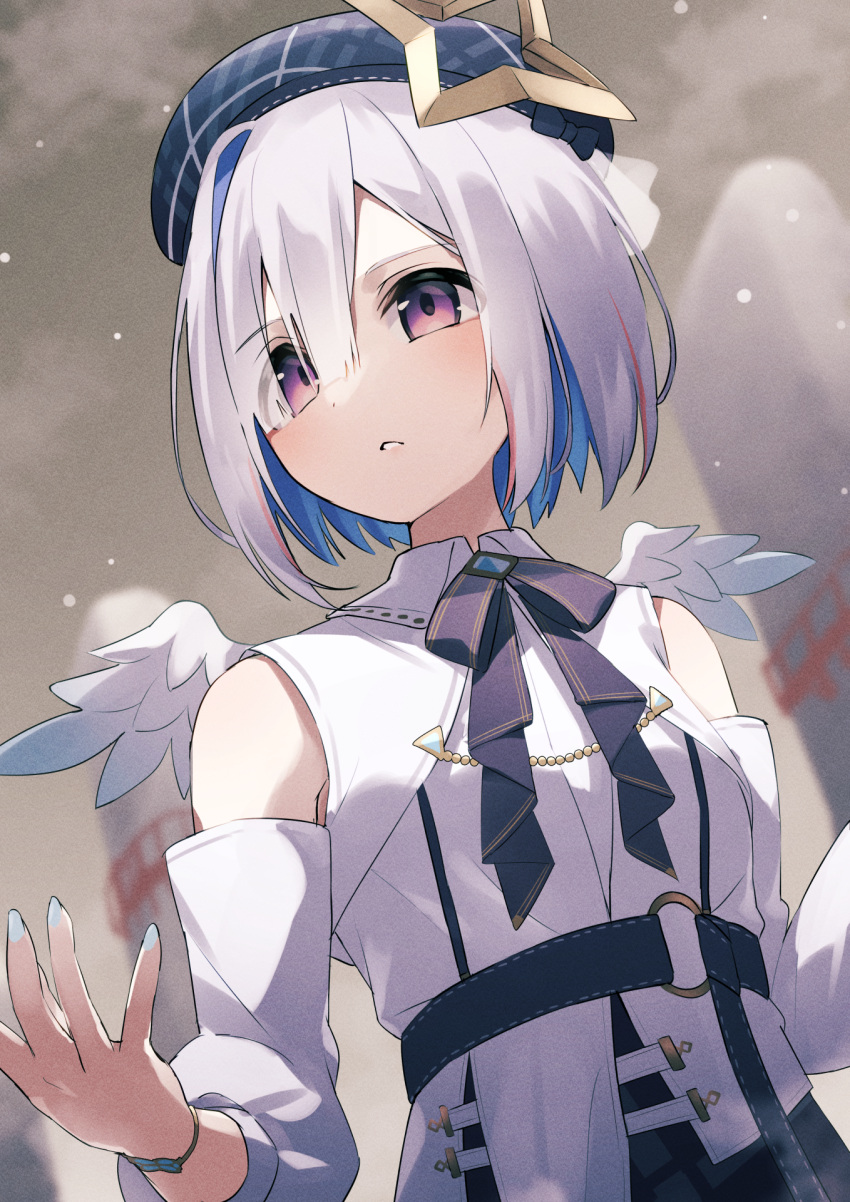 1girl amane_kanata angel_wings asymmetrical_bangs asymmetrical_hair bare_shoulders belt black_ribbon blue_hair blue_nails blue_wings bob_cut bracelet clothing_cutout collared_shirt colored_inner_hair commentary feathered_wings fragir gradient_wings grey_hair hair_over_one_eye halo highres hololive hololive_idol_uniform idol_clothes jewelry long_sleeves mini_wings multicolored_hair multicolored_wings nail_polish neck_ribbon o-ring o-ring_belt official_alternate_costume outdoors overcast parted_lips pink_hair ribbon shirt short_hair shoulder_cutout single_hair_intake sky snowing solo star_halo streaked_hair upper_body violet_eyes virtual_youtuber white_shirt white_wings wings yellow_halo