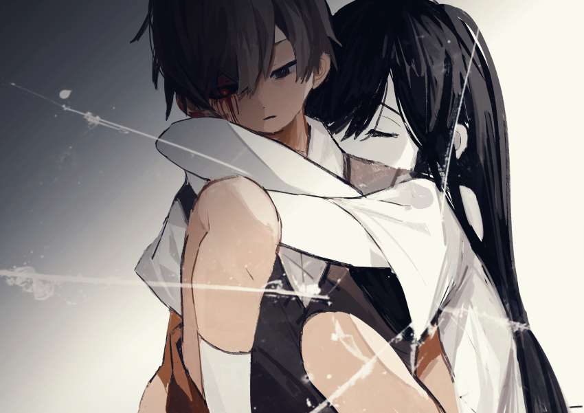 1boy 1girl absurdres arms_at_sides black_eyes black_hair black_sclera black_sweater_vest blood blood_from_eyes blood_on_ears blue_background brother_and_sister brown_shorts closed_eyes colored_sclera colored_skin facing_viewer gradient_background heterochromia highres hug hug_from_behind knee_up long_hair looking_down mari_(faraway)_(omori) mari_(omori) mismatched_sclera no_pupils official_alternate_eye_color omori parted_lips red_eyes shirt short_hair short_sleeves shorts siblings sitting socks south_ac spoilers sunny_(omori) sweater_vest white_background white_shirt white_skin white_socks