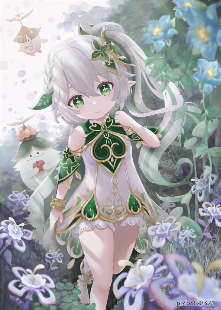 1girl aranara_(genshin_impact) atelieralice18 bare_shoulders bloomers bracelet cape clenched_hand commentary_request detached_sleeves dress eyelashes flower food foot_out_of_frame fruit gem genshin_impact gold_trim gradient_hair grass green_cape green_eyes green_gemstone green_hair green_sleeves hair_between_eyes hair_ornament hand_up head_tilt highres holding holding_food holding_fruit jewelry leaf_hair_ornament light_blush long_hair looking_at_viewer multicolored_hair nahida_(genshin_impact) pixiv_id pointy_ears sleeveless sleeveless_dress smile stirrup_legwear striped_hair sunlight symbol-shaped_pupils toeless_legwear toes very_long_hair white_bloomers white_dress white_hair
