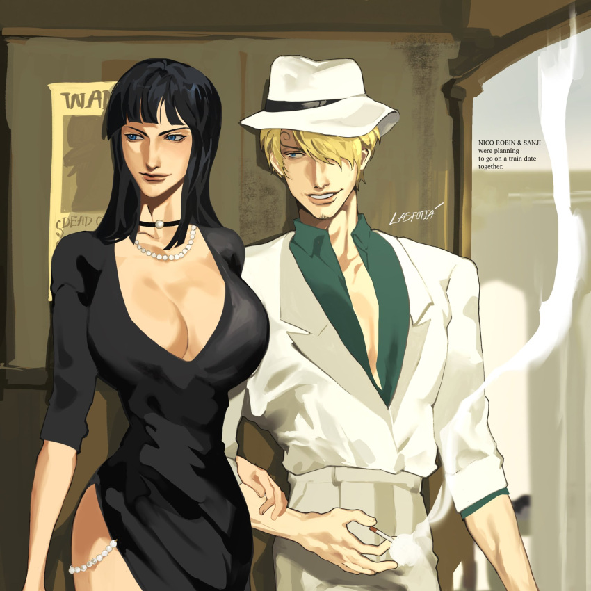 1boy 1girl black_dress black_hair blonde_hair breasts cigarette collarbone couple dating denim dress highres jeans large_breasts nico_robin one_piece pants sanji_(one_piece) shirt smoking tall_female tall_male