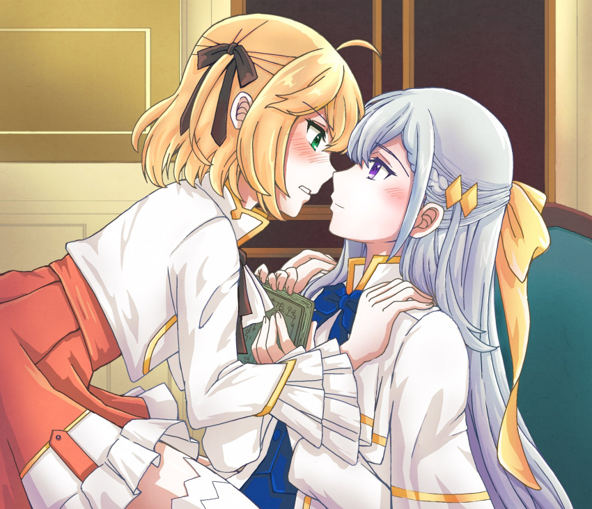 2girls anisphia_wynn_palettia black_ribbon blonde_hair blue_bow blue_bowtie blush book bow bowtie chinese_commentary closed_mouth coat commentary_request euphyllia_magenta eye_contact green_eyes grey_hair hair_ribbon hands_on_another's_shoulders highres holding holding_book indoors jacket long_hair long_sleeves looking_at_another medium_hair multiple_girls noses_touching on_chair qqwan120 red_skirt ribbon sitting sitting_on_lap sitting_on_person skirt smile tensei_oujo_to_tensai_reijou_no_mahou_kakumei violet_eyes white_coat white_jacket yellow_ribbon yuri