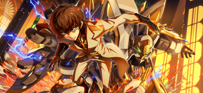 1boy arm_up artist_request black_footwear black_gloves black_shirt boots brown_hair coat code_geass code_geass:_boukoku_no_akito code_geass:_lost_stories electricity eye_trail game_cg glint gloves glowing glowing_eyes green_eyes hair_between_eyes highres holding holding_key indoors jumping key kururugi_suzaku lancelot_(boukoku_no_akito) lancelot_(code_geass) leaning_forward light_trail long_sleeves looking_at_viewer male_focus mecha military_uniform non-web_source official_art orange_theme pants parted_lips robot serious shirt short_hair sidelocks solo sparks sunset teeth uniform v-shaped_eyebrows white_coat white_pants window