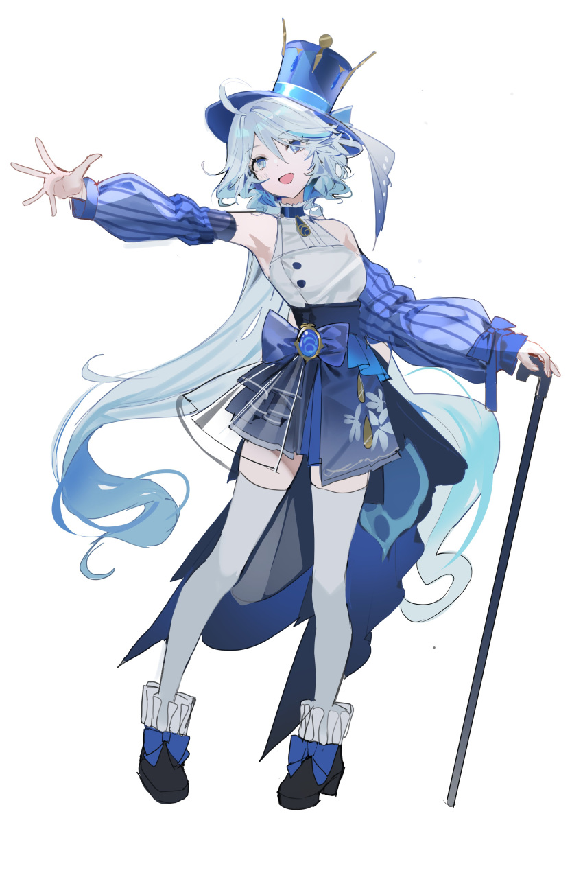 1girl absurdres ahoge alternate_costume black_footwear blue_bow blue_eyes blue_hair blue_hat blush bow buri_(retty9349) cane detached_sleeves full_body furina_(genshin_impact) genshin_impact hair_between_eyes hat heterochromia highres holding holding_cane light_blue_hair long_hair looking_to_the_side multicolored_hair open_mouth outstretched_arm sidelocks simple_background smile socks solo standing streaked_hair top_hat two-tone_hair vision_(genshin_impact) white_background white_socks
