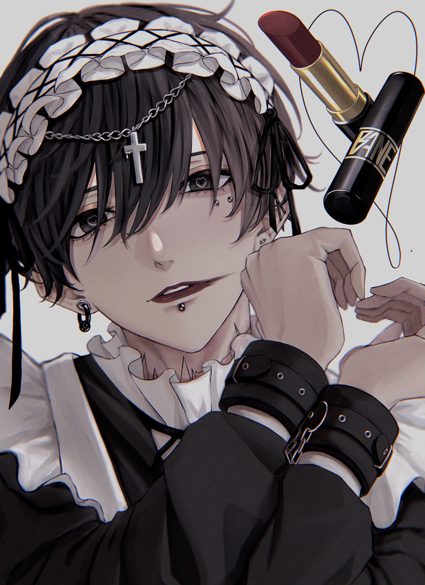 1boy absurdres apron banechiii black_dress black_eyes black_hair black_ribbon bound bound_wrists chain commentary cosmetics cross crossdressing dress earrings english_commentary hair_between_eyes head_chain heart heart_hands heart_in_eye highres jewelry latin_cross lipstick lipstick_tube long_sleeves looking_at_viewer maid maid_apron maid_headdress makeup male_focus male_maid neck_ribbon original parted_lips piercing red_lips ribbon short_hair simple_background smeared_lipstick solo symbol_in_eye white_apron