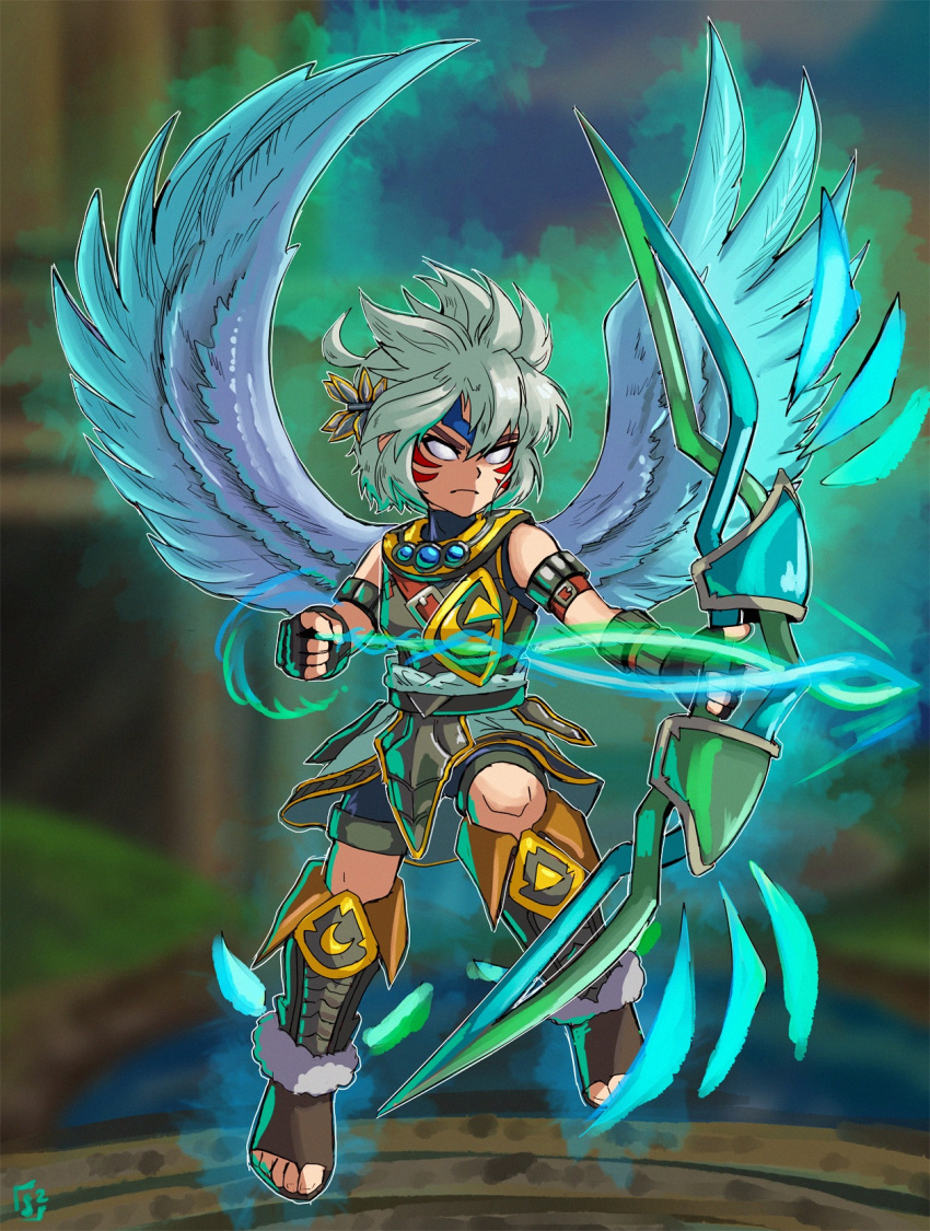 alternate_color alternate_costume alternate_eye_color alternate_hair_color alternate_weapon arm_belt armor aura belt blue_gemstone bow_(weapon) breastplate chest_jewel corruption crescent crossover dark_persona facial_tattoo feathered_wings fierce_deity fingerless_gloves floating frown gem gloves glowing highres holding holding_bow_(weapon) holding_weapon kid_icarus kid_icarus_uprising looking_to_the_side nintendo no_pupils pit_(kid_icarus) possessed sandals short_hair shorts stoic_seraphim super_smash_bros. tattoo the_legend_of_zelda the_legend_of_zelda:_majora's_mask toeless_footwear triangle tunic weapon white_eyes white_hair white_wings wings