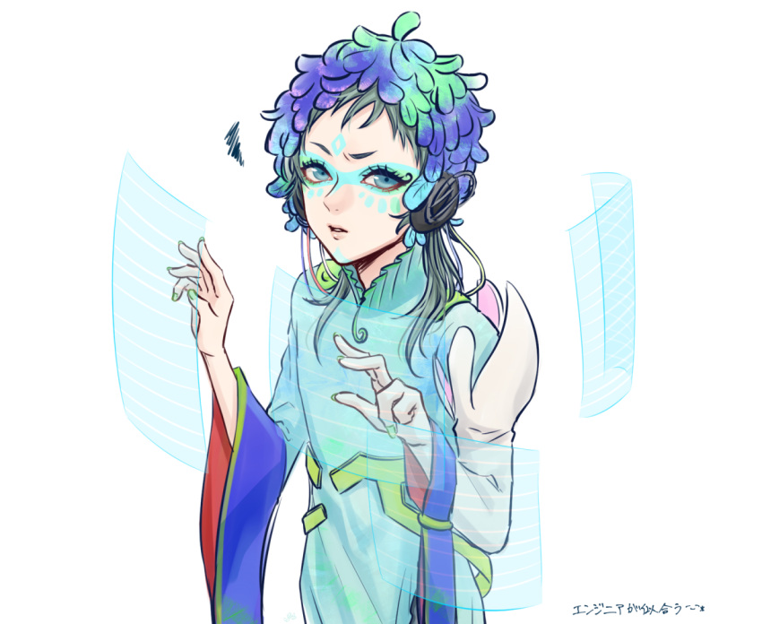 1other blue_hair facepaint facial_mark feathers forehead_mark gloves gnosia green_eyes green_hair hair_between_eyes long_hair long_sleeves looking_at_viewer multicolored_hair raqio short_hair simple_background solo tattoo upper_body yuyht1758