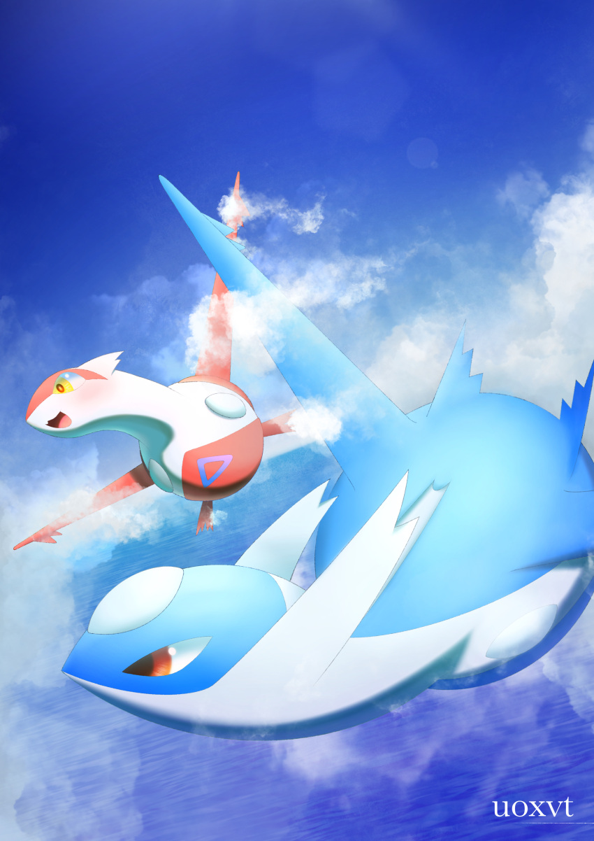 :3 absurdres animal_focus artist_name blue_background blue_theme blush clouds day dutch_angle flying happy highres latias latios lens_flare looking_to_the_side midair no_humans ocean open_mouth outdoors pokemon pokemon_(creature) red_eyes smile uoxvt watermark yellow_eyes