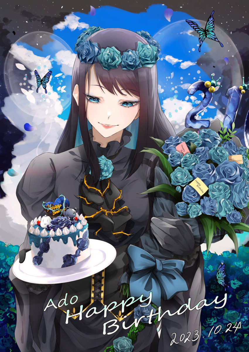 1girl ado_(utaite) adorozatorumary black_bow black_bowtie black_corset black_dress black_gloves black_hair blue_butterfly blue_eyes blue_flower blue_hair blue_rose bouquet bow bowtie bug butterfly cake chando_(ado) character_name cloud_nine_inc colored_inner_hair commentary_request corset cowboy_shot dated dress flower flower_brooch food gloves ha-chan_(ado) happy_birthday head_wreath highres holding holding_bouquet holding_plate long_hair long_sleeves mole mole_under_eye multicolored_hair parted_lips plate rose sanrio sidelocks solo utaite wasabe1020