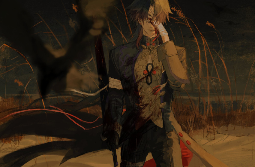 1boy bandaged_arm bandaged_hand bandaged_leg bandages bird black_coat black_hair blade_(honkai:_star_rail) blood blood_on_clothes blood_on_face buttons coat collared_shirt covered_eyes crow dark_background e_mik_doa earrings embroidery field hand_over_eye highres holding holding_sword holding_weapon honkai:_star_rail honkai_(series) jewelry long_hair long_sleeves pants parted_bangs shirt sword weapon