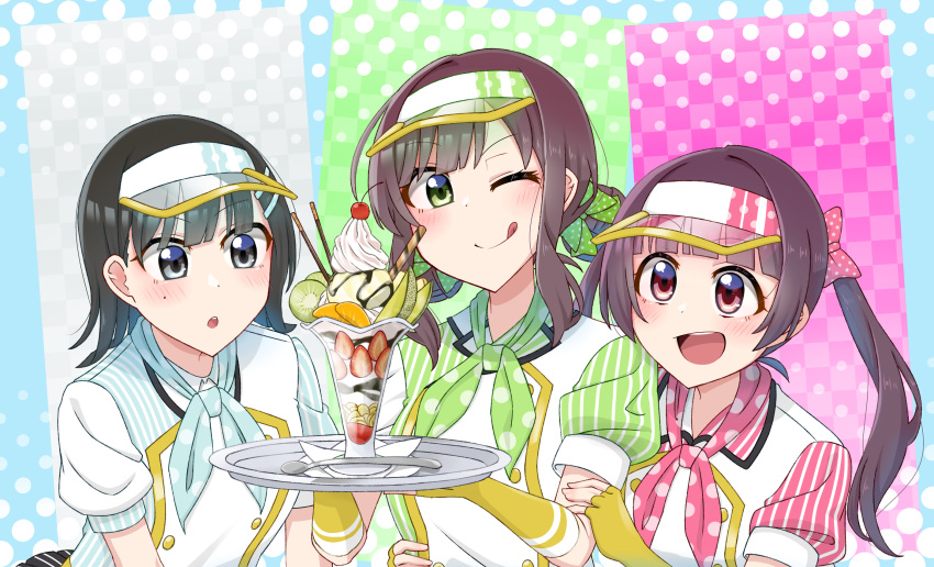 3girls :d :o ;q asymmetrical_shirt asymmetrical_sleeves behind_another black_hair blue_neckerchief blue_shirt blunt_bangs blush bow brown_hair buttons cherry chocolate_syrup closed_mouth corn_flakes double-breasted elbow_gloves fingerless_gloves food fruit gloves green_bow green_eyes green_neckerchief green_shirt grey_eyes halftone halftone_background hand_on_another's_arm highres holding holding_tray ice_cream kiwi_(fruit) leaning_forward lone_nape_hair looking_at_food looking_at_viewer love_live! love_live!_school_idol_musical medium_hair mikasa_maya mismatched_sleeves multiple_girls napkin neckerchief one_eye_closed open_mouth orange_(fruit) parfait pink_neckerchief pink_shirt pocky polka_dot polka_dot_bow polka_dot_neckerchief ponytail red_eyes shirt sidelocks smile spoon strawberry sumeragi_yuzuha suzuka_rena tetetsu_(yuns4877) tongue tongue_out tray vertical-striped_sleeves visor_cap wafer_stick whipped_cream white_shirt yellow_gloves