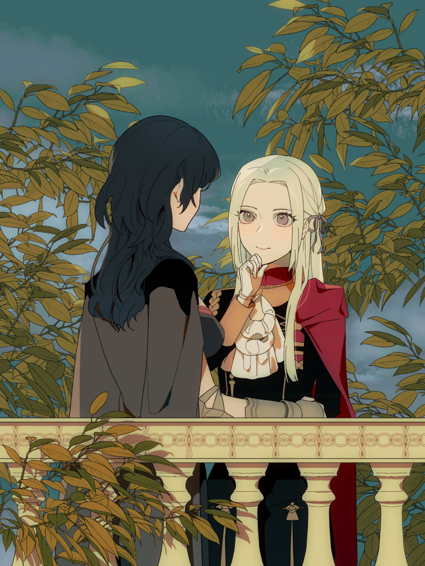 2girls ascot b_(wldms6650) black_hair blue_sky branch breasts byleth_(female)_(fire_emblem) byleth_(fire_emblem) cape closed_mouth commentary day edelgard_von_hresvelg english_commentary fire_emblem fire_emblem:_three_houses gauntlets gloves grey_jacket hair_ribbon highres jacket large_breasts leaf long_hair looking_at_another multiple_girls outdoors railing red_cape ribbon sky smile violet_eyes white_ascot white_gloves white_hair