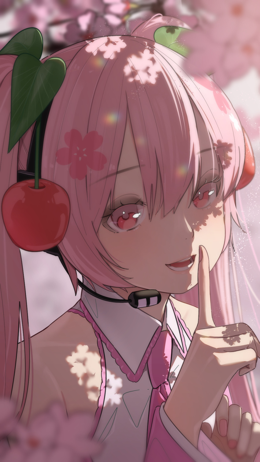 1girl :d bananafish1111 bare_shoulders cherry_blossoms hatsune_miku headset highres looking_at_viewer necktie open_mouth pink_eyes pink_hair pink_nails smile teeth twintails vocaloid