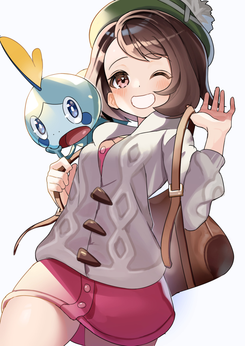 1girl =_(9_yawbus) absurdres backpack bag blush brown_bag brown_eyes brown_hair buttons cardigan commentary_request dress gloria_(pokemon) green_hat grey_cardigan grin hat highres holding_strap on_shoulder one_eye_closed pink_dress pokemon pokemon_(creature) pokemon_on_shoulder pokemon_swsh short_hair smile sobble tam_o'_shanter teeth