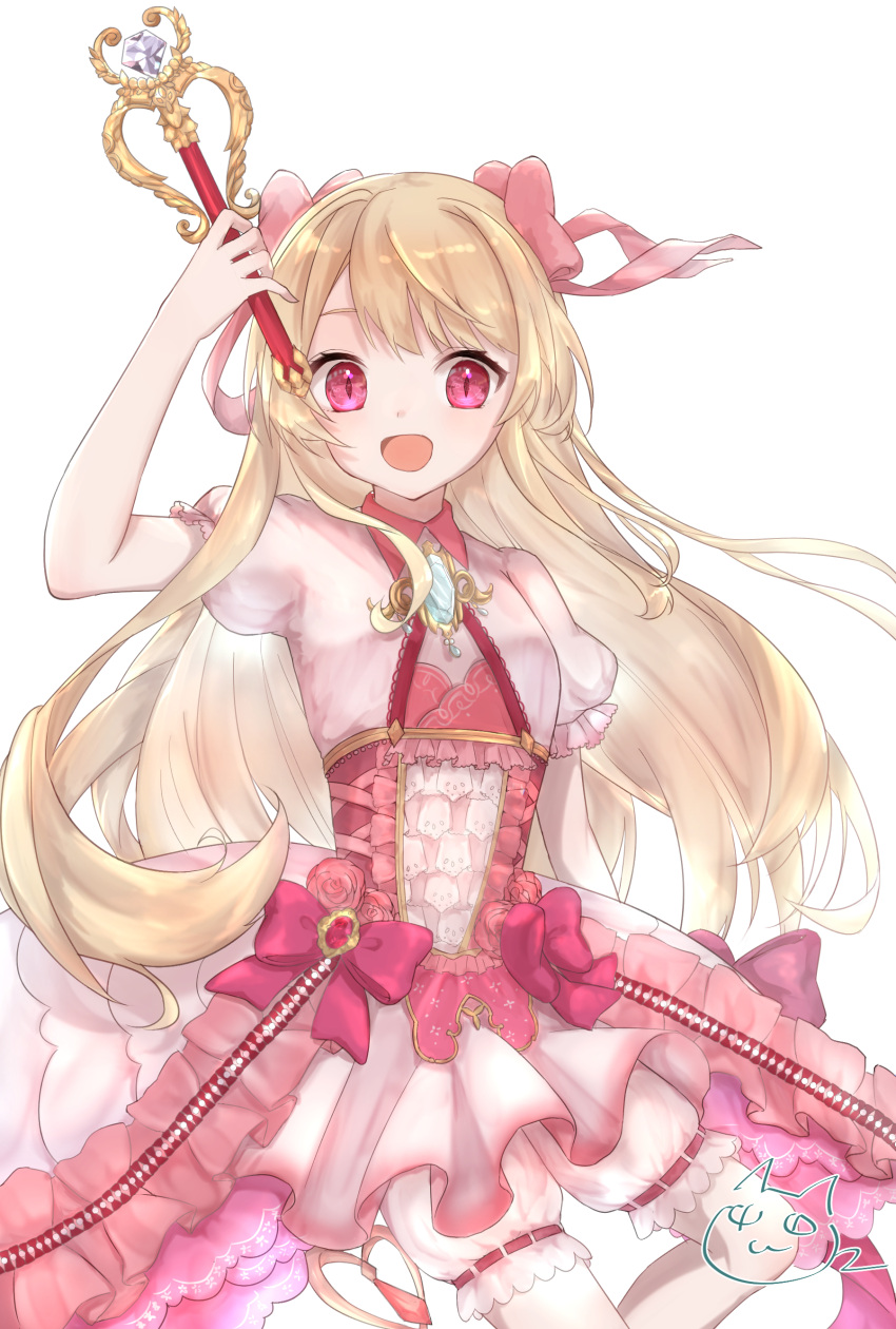 1girl absurdres blonde_hair bloomers chaos_marie_(grimms_notes) frills grimms_notes hair_ribbon highres holding holding_wand holding_weapon kamimura_(moz29258939) long_hair open_mouth pink_eyes ribbon simple_background solo wand weapon white_background