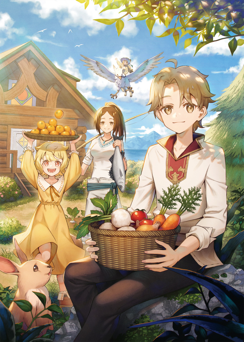1boy 3girls animal arms_up basket black_pants blue_sky brown_hair bush carrot clouds cover cover_page day dress fish fishing_rod griffin hat highres holding holding_animal holding_fish holding_fishing_rod house island_tsukuru jewelry multiple_girls necklace novel_cover official_art onion outdoors pants ponytail rabbit radish rock shirt sho_(sumika) short_hair sitting sitting_on_rock sky sleeves_rolled_up stairs tomato tree water white_shirt yellow_dress