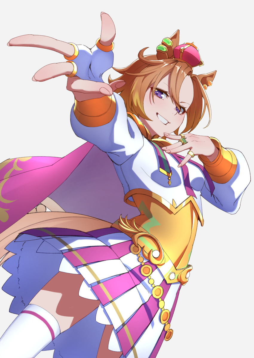 1girl absurdres animal_ears belly_chain belt brown_hair cape colored_skin cowboy_shot cropped_jacket crown danboru_(jdanboru1182) ear_piercing fingerless_gloves foreshortening from_below gloves hand_on_own_chest highres horse_ears horse_girl horse_tail jacket jewelry legs long_sleeves looking_at_viewer mini_crown miniskirt multicolored_skin multiple_rings open_mouth piercing pink_cape pink_sky pleated_skirt reaching reaching_towards_viewer ring shirt short_hair simple_background skirt sky smile socks solo standing t.m._opera_o_(umamusume) tail textless_version thigh-highs two-tone_skin two-tone_skirt umamusume violet_eyes white_gloves white_jacket white_skirt white_socks white_thighhighs yellow_belt yellow_shirt